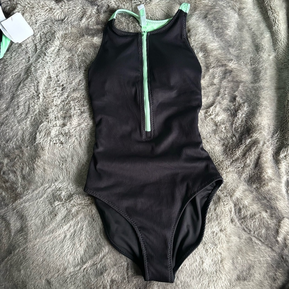 Fabletics Zip Front Racerback One Piece Shaping Swimsuit Black Green